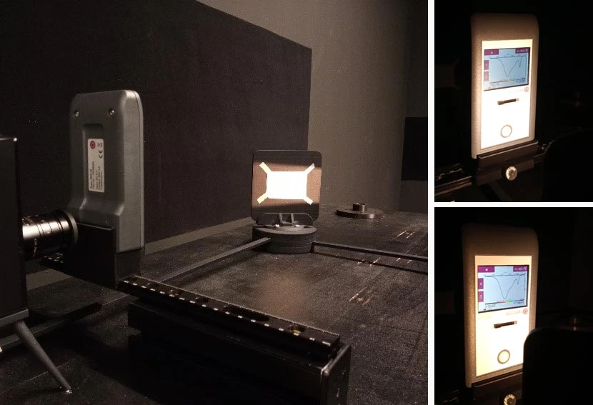 Spectrometer directly in front of the LED to characterize the source. Left directly in front of the LED, right with 45° rotated LED