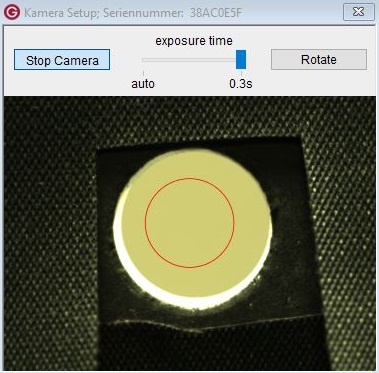 The integrated camera allows easy adjustment of the spectral measurement field (FOV) to the measurement location. In the example, the field of view was positioned to a small aperture. The field of view is displayed in the S-BTS2048 user software.